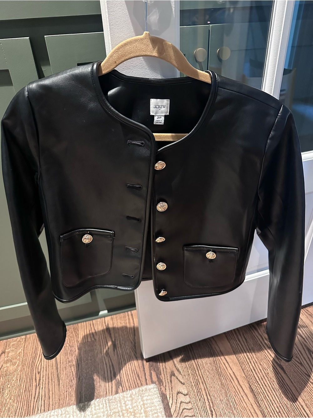 J. Crew Black faux Leather Jacket with Gold Buttons